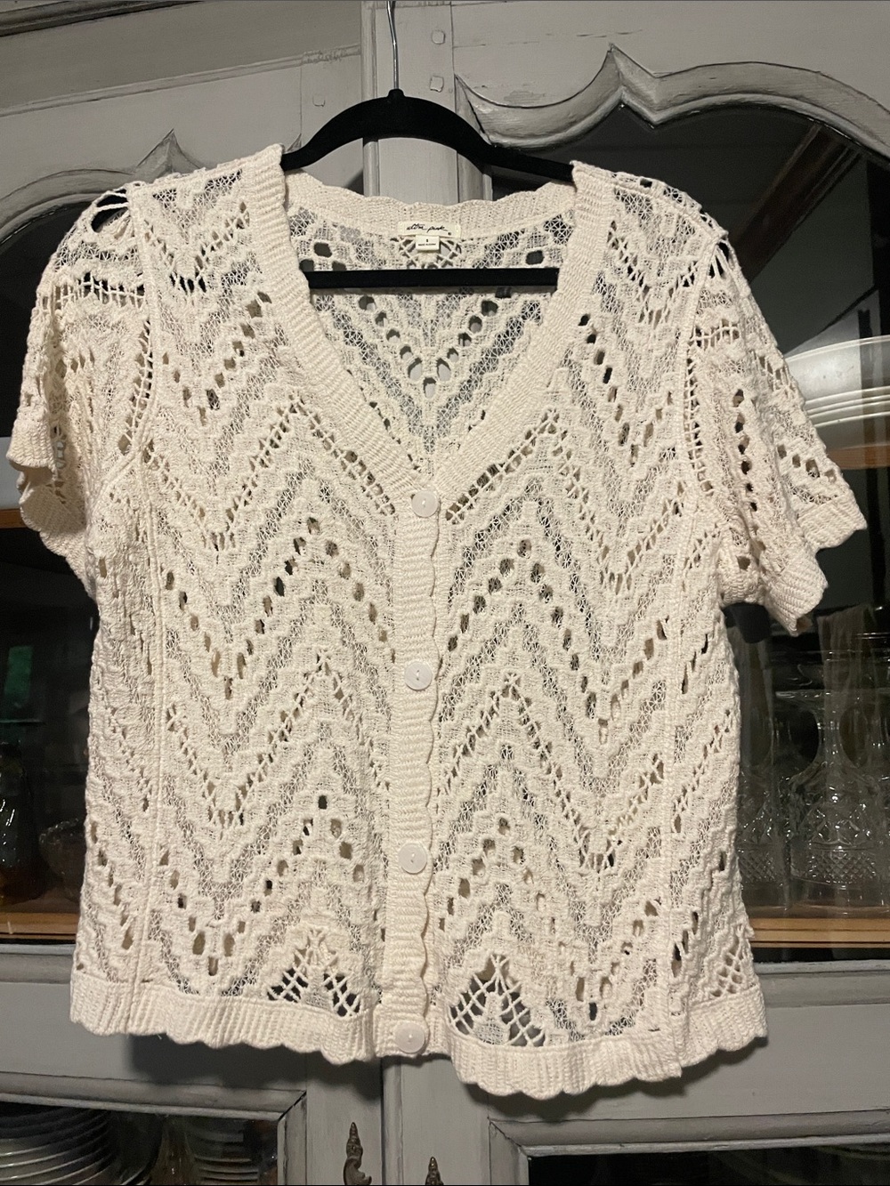 Ultra Pink Cream Openwork Button-Front Short Sleeve Cardigan
